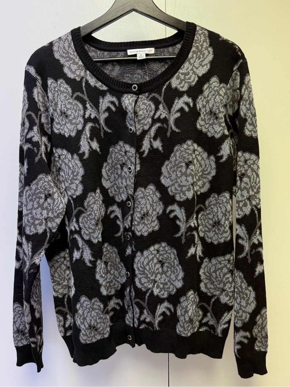 Isaac Mizrahi Live Black and Metallic Silver Floral Knit Cardigan Size XL
